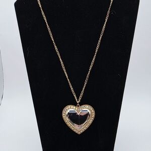 Crystal Heart Pendant Necklace | Rhinestone Halo | Gold Tone | Long Chain